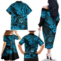 Hawaii Shaka Sign Family Matching Off Shoulder Long Sleeve Dress and Hawaiian Shirt Polynesian Pattern Sky Blue Version - Wonder Print Shop