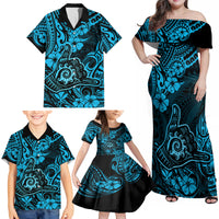 Hawaii Shaka Sign Family Matching Off Shoulder Maxi Dress and Hawaiian Shirt Polynesian Pattern Sky Blue Version - Wonder Print Shop