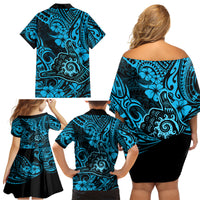 Hawaii Shaka Sign Family Matching Off Shoulder Short Dress and Hawaiian Shirt Polynesian Pattern Sky Blue Version - Wonder Print Shop