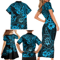 Hawaii Shaka Sign Family Matching Short Sleeve Bodycon Dress and Hawaiian Shirt Polynesian Pattern Sky Blue Version - Wonder Print Shop