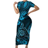 Hawaii Shaka Sign Family Matching Short Sleeve Bodycon Dress and Hawaiian Shirt Polynesian Pattern Sky Blue Version - Wonder Print Shop