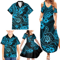 Hawaii Shaka Sign Family Matching Summer Maxi Dress and Hawaiian Shirt Polynesian Pattern Sky Blue Version - Wonder Print Shop