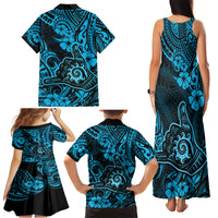 Hawaii Shaka Sign Family Matching Tank Maxi Dress and Hawaiian Shirt Polynesian Pattern Sky Blue Version - Wonder Print Shop