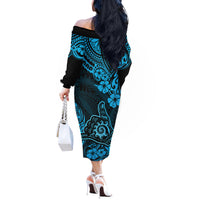 Hawaii Shaka Sign Off The Shoulder Long Sleeve Dress Polynesian Pattern Sky Blue Version - Wonder Print Shop