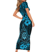 Hawaii Shaka Sign Short Sleeve Bodycon Dress Polynesian Pattern Sky Blue Version - Wonder Print Shop