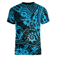 Hawaii Shaka Sign Women V Neck T Shirt Polynesian Pattern Sky Blue Version - Wonder Print Shop