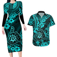 Hawaii Shaka Sign Couples Matching Long Sleeve Bodycon Dress and Hawaiian Shirt Polynesian Pattern Turquoise Version - Wonder Print Shop