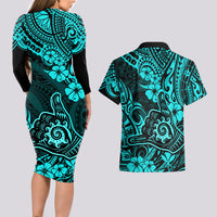 Hawaii Shaka Sign Couples Matching Long Sleeve Bodycon Dress and Hawaiian Shirt Polynesian Pattern Turquoise Version - Wonder Print Shop