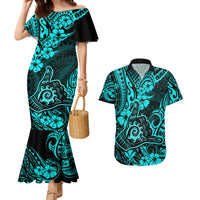 Hawaii Shaka Sign Couples Matching Mermaid Dress and Hawaiian Shirt Polynesian Pattern Turquoise Version - Wonder Print Shop