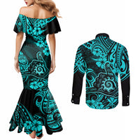 hawaii-shaka-sign-couples-matching-mermaid-dress-and-long-sleeve-button-shirts-polynesian-pattern-turquoise-version