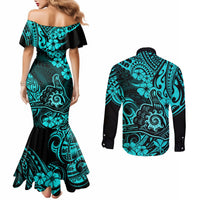 hawaii-shaka-sign-couples-matching-mermaid-dress-and-long-sleeve-button-shirts-polynesian-pattern-turquoise-version
