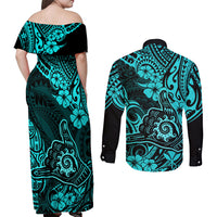Hawaii Shaka Sign Couples Matching Off Shoulder Maxi Dress and Long Sleeve Button Shirts Polynesian Pattern Turquoise Version - Wonder Print Shop