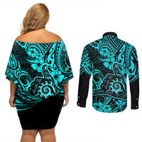 Hawaii Shaka Sign Couples Matching Off Shoulder Short Dress and Long Sleeve Button Shirts Polynesian Pattern Turquoise Version - Wonder Print Shop
