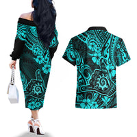 Hawaii Shaka Sign Couples Matching Off The Shoulder Long Sleeve Dress and Hawaiian Shirt Polynesian Pattern Turquoise Version - Wonder Print Shop