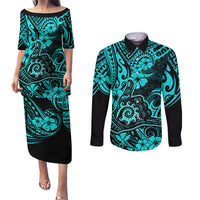 Hawaii Shaka Sign Couples Matching Puletasi Dress and Long Sleeve Button Shirts Polynesian Pattern Turquoise Version - Wonder Print Shop