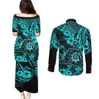 Hawaii Shaka Sign Couples Matching Puletasi Dress and Long Sleeve Button Shirts Polynesian Pattern Turquoise Version - Wonder Print Shop
