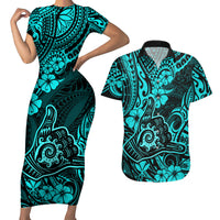 Hawaii Shaka Sign Couples Matching Short Sleeve Bodycon Dress and Hawaiian Shirt Polynesian Pattern Turquoise Version - Wonder Print Shop