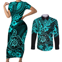 Hawaii Shaka Sign Couples Matching Short Sleeve Bodycon Dress and Long Sleeve Button Shirts Polynesian Pattern Turquoise Version - Wonder Print Shop