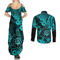 Hawaii Shaka Sign Couples Matching Summer Maxi Dress and Long Sleeve Button Shirts Polynesian Pattern Turquoise Version - Wonder Print Shop