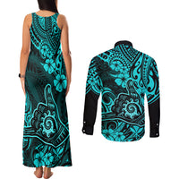 Hawaii Shaka Sign Couples Matching Tank Maxi Dress and Long Sleeve Button Shirts Polynesian Pattern Turquoise Version - Wonder Print Shop