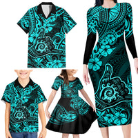 Hawaii Shaka Sign Family Matching Long Sleeve Bodycon Dress and Hawaiian Shirt Polynesian Pattern Turquoise Version - Wonder Print Shop