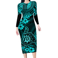 Hawaii Shaka Sign Family Matching Long Sleeve Bodycon Dress and Hawaiian Shirt Polynesian Pattern Turquoise Version - Wonder Print Shop
