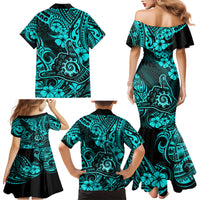 Hawaii Shaka Sign Family Matching Mermaid Dress and Hawaiian Shirt Polynesian Pattern Turquoise Version - Wonder Print Shop