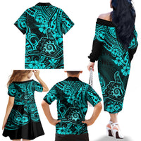 Hawaii Shaka Sign Family Matching Off Shoulder Long Sleeve Dress and Hawaiian Shirt Polynesian Pattern Turquoise Version - Wonder Print Shop