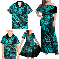 Hawaii Shaka Sign Family Matching Off Shoulder Maxi Dress and Hawaiian Shirt Polynesian Pattern Turquoise Version - Wonder Print Shop