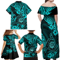 Hawaii Shaka Sign Family Matching Off Shoulder Maxi Dress and Hawaiian Shirt Polynesian Pattern Turquoise Version - Wonder Print Shop