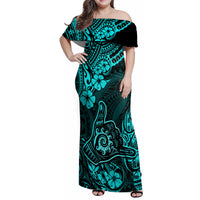 Hawaii Shaka Sign Family Matching Off Shoulder Maxi Dress and Hawaiian Shirt Polynesian Pattern Turquoise Version - Wonder Print Shop