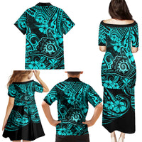 Hawaii Shaka Sign Family Matching Puletasi Dress and Hawaiian Shirt Polynesian Pattern Turquoise Version - Wonder Print Shop