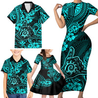 Hawaii Shaka Sign Family Matching Short Sleeve Bodycon Dress and Hawaiian Shirt Polynesian Pattern Turquoise Version - Wonder Print Shop