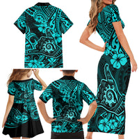 Hawaii Shaka Sign Family Matching Short Sleeve Bodycon Dress and Hawaiian Shirt Polynesian Pattern Turquoise Version - Wonder Print Shop