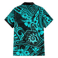 Hawaii Shaka Sign Family Matching Short Sleeve Bodycon Dress and Hawaiian Shirt Polynesian Pattern Turquoise Version - Wonder Print Shop