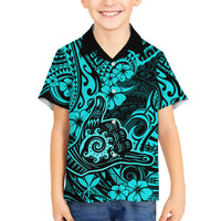 Hawaii Shaka Sign Family Matching Short Sleeve Bodycon Dress and Hawaiian Shirt Polynesian Pattern Turquoise Version - Wonder Print Shop