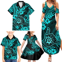 Hawaii Shaka Sign Family Matching Summer Maxi Dress and Hawaiian Shirt Polynesian Pattern Turquoise Version - Wonder Print Shop