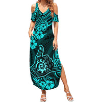Hawaii Shaka Sign Family Matching Summer Maxi Dress and Hawaiian Shirt Polynesian Pattern Turquoise Version - Wonder Print Shop