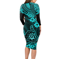 Hawaii Shaka Sign Long Sleeve Bodycon Dress Polynesian Pattern Turquoise Version - Wonder Print Shop