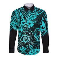 Hawaii Shaka Sign Long Sleeve Button Shirt Polynesian Pattern Turquoise Version - Wonder Print Shop