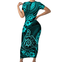 Hawaii Shaka Sign Short Sleeve Bodycon Dress Polynesian Pattern Turquoise Version - Wonder Print Shop
