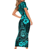 Hawaii Shaka Sign Short Sleeve Bodycon Dress Polynesian Pattern Turquoise Version - Wonder Print Shop
