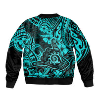 Hawaii Shaka Sign Sleeve Zip Bomber Jacket Polynesian Pattern Turquoise Version - Wonder Print Shop