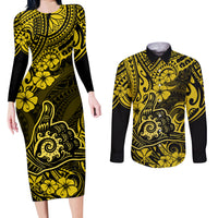 Hawaii Shaka Sign Couples Matching Long Sleeve Bodycon Dress and Long Sleeve Button Shirts Polynesian Pattern Yellow Version - Wonder Print Shop