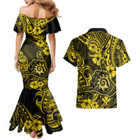 Hawaii Shaka Sign Couples Matching Mermaid Dress and Hawaiian Shirt Polynesian Pattern Yellow Version - Wonder Print Shop