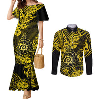 hawaii-shaka-sign-couples-matching-mermaid-dress-and-long-sleeve-button-shirts-polynesian-pattern-yellow-version