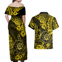 Hawaii Shaka Sign Couples Matching Off Shoulder Maxi Dress and Hawaiian Shirt Polynesian Pattern Yellow Version - Wonder Print Shop