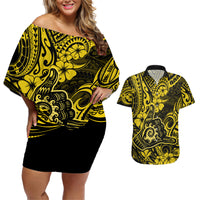 Hawaii Shaka Sign Couples Matching Off Shoulder Short Dress and Hawaiian Shirt Polynesian Pattern Yellow Version - Wonder Print Shop