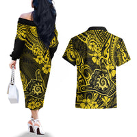 Hawaii Shaka Sign Couples Matching Off The Shoulder Long Sleeve Dress and Hawaiian Shirt Polynesian Pattern Yellow Version - Wonder Print Shop
