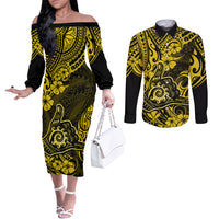 hawaii-shaka-sign-couples-matching-off-the-shoulder-long-sleeve-dress-and-long-sleeve-button-shirts-polynesian-pattern-yellow-version